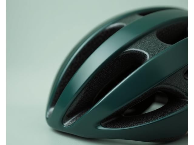 Close-up of a bike helmet made from recycled carbon fiber, showcasing textured finish