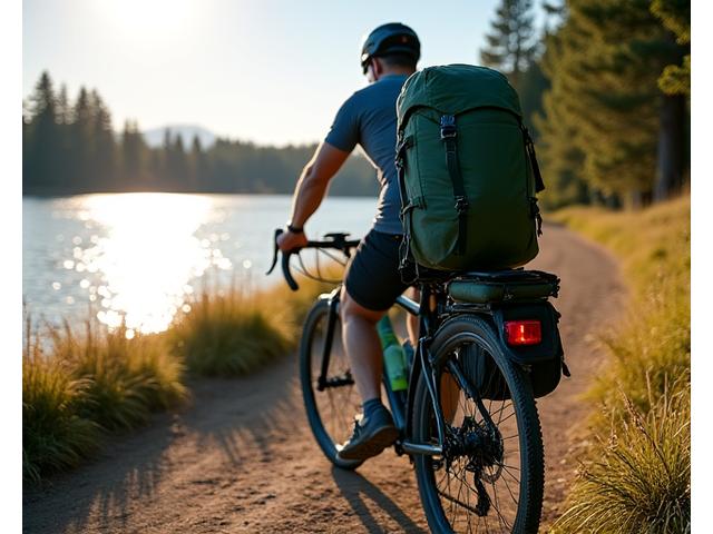 Durable bike touring backpack strapped to a bicycle with scenic outdoor background.