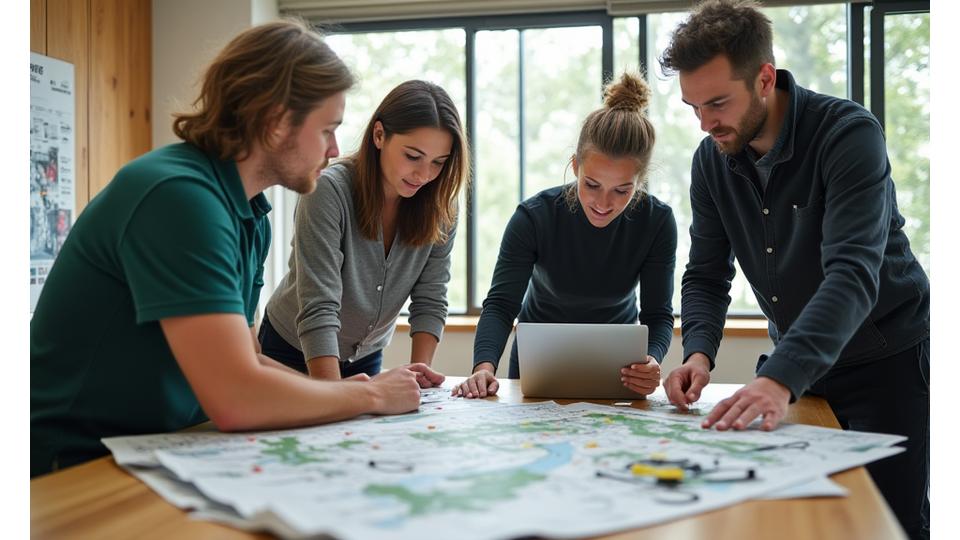 Team members collaborating at a desk with maps and gear